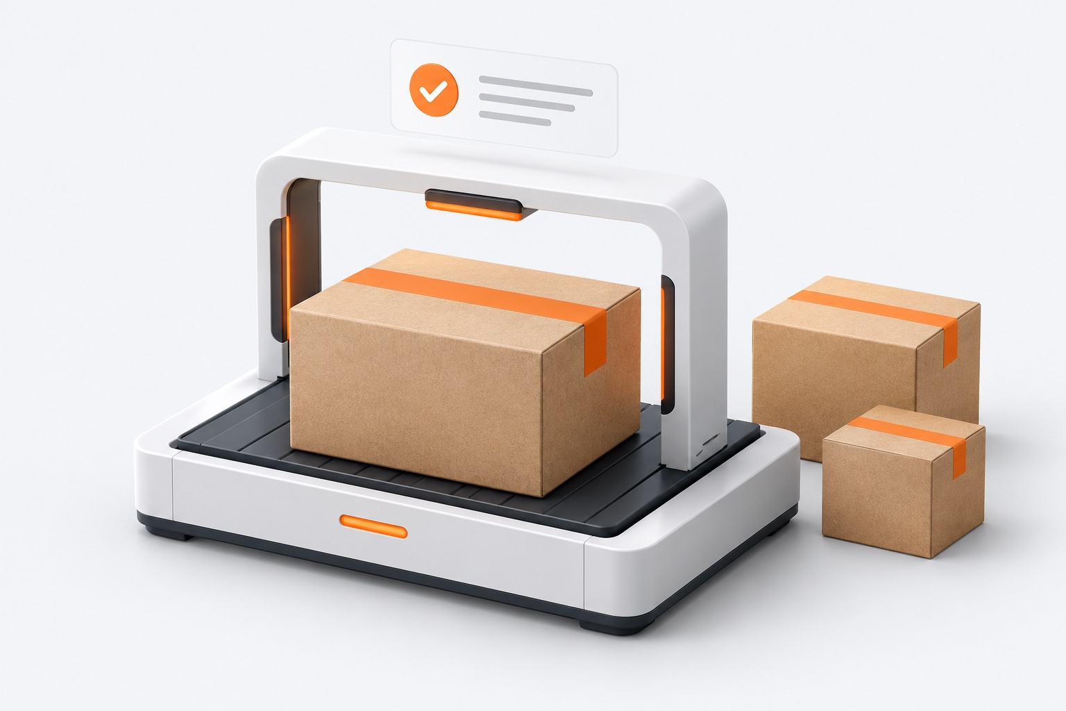 Conceptual 3D illustration of a parcel at a check-in station with a confirmation symbol above it.